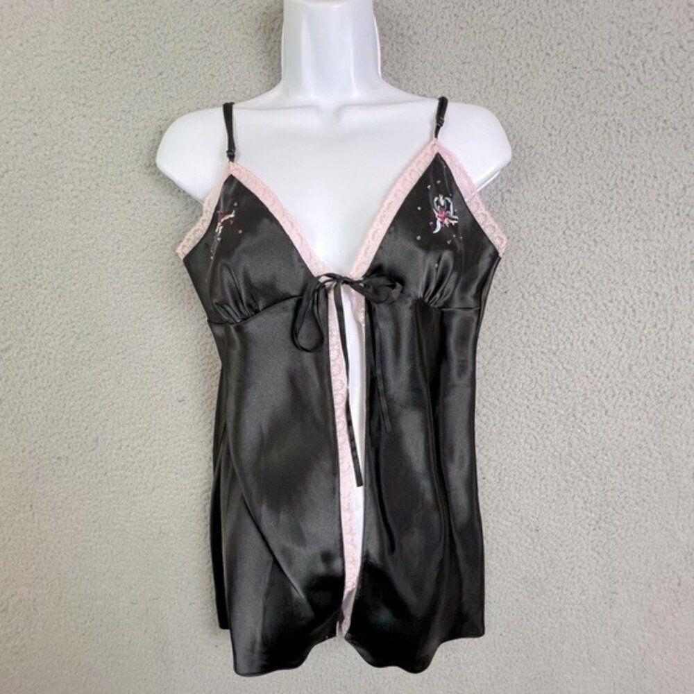 VICTORIAS SECRET BLACK TEDDY CAMISOLE TIE FRONT SIZE L WITH PINK FRILLS - Picture 4 of 12